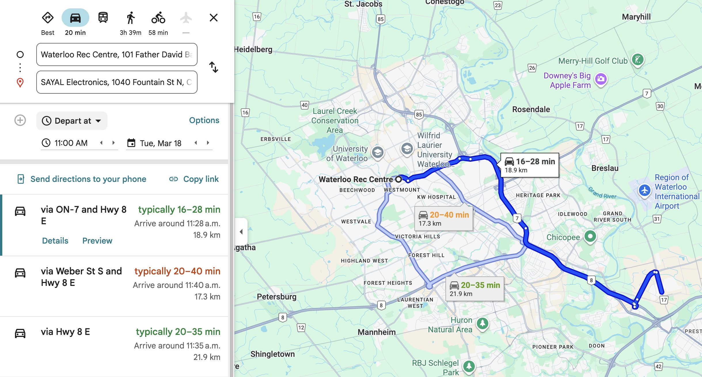 Screenshot from Google Maps showing the estimated trip itinerary from the Waterloo Rec Center to SAYAL Electronics in Guelph, ON. Depending on route, it's about an 18km drive that'll take 15-30 minutes.